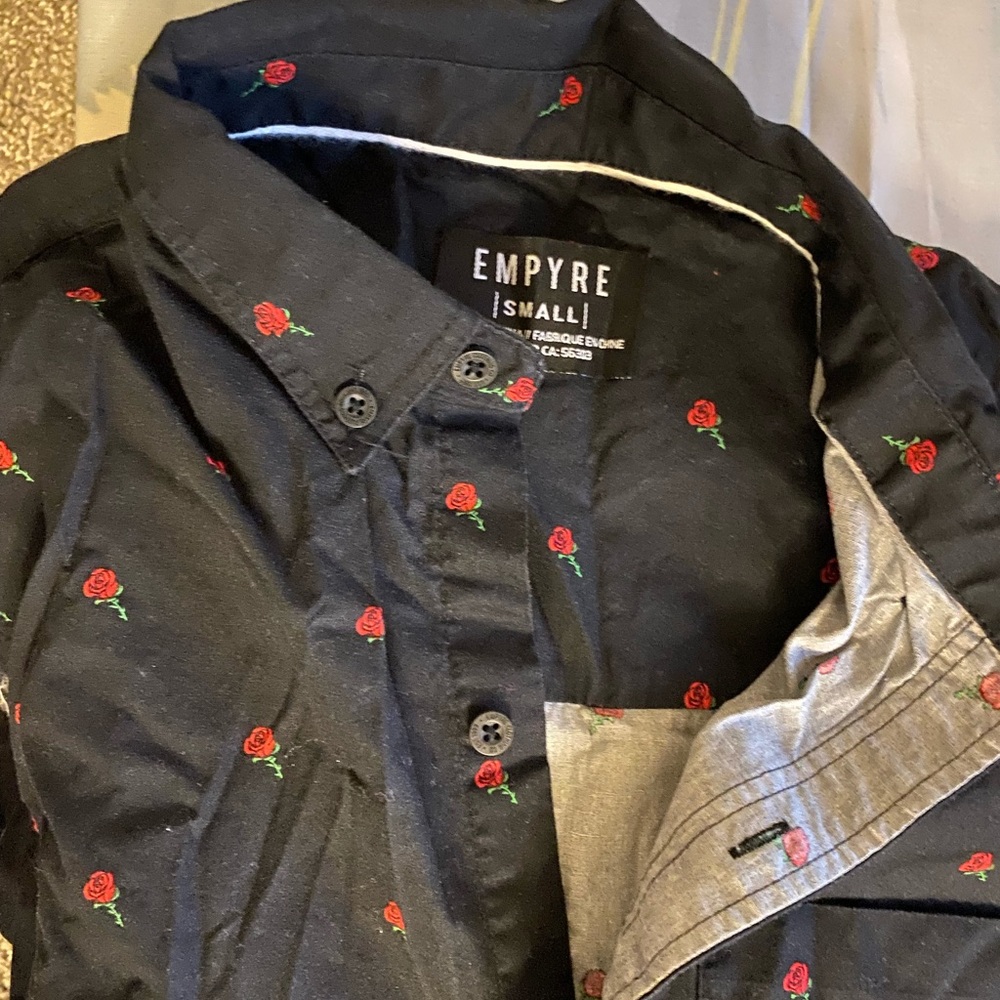 Black Woven Short Sleeve Button-Up Shirt by Empyre with Rose Thorns